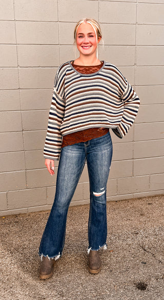 Striped Crochet Knit Long Sleeve Sweater