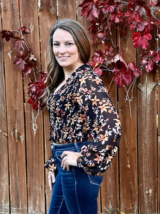 Floral Semi-Sheer Smocked Floral Long Sleeve Top