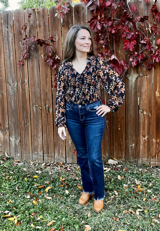 Floral Semi-Sheer Smocked Floral Long Sleeve Top