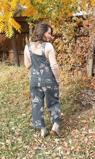 Floral Print Washed Demin Overalls