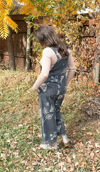 Floral Print Washed Demin Overalls