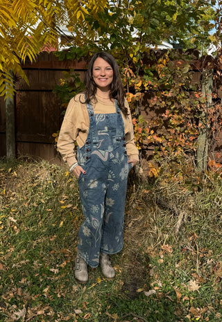 Floral Print Washed Demin Overalls