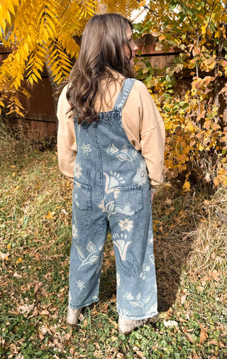 Floral Print Washed Demin Overalls