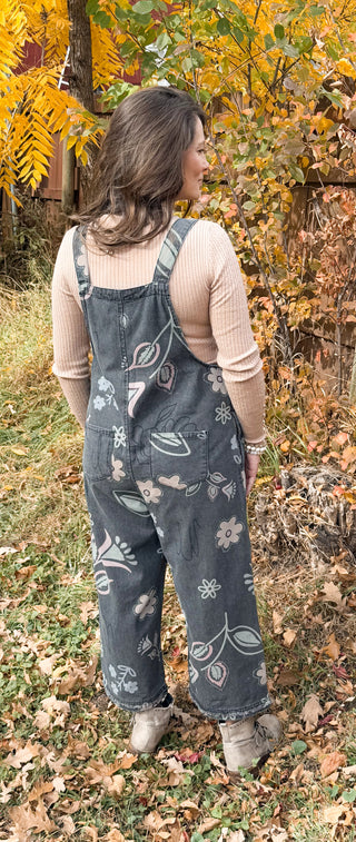 Floral Print Washed Demin Overalls