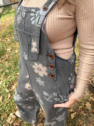 Floral Print Washed Demin Overalls