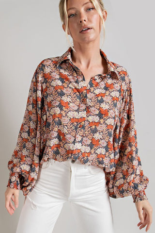 Button Down Puff Sleeve Blouse