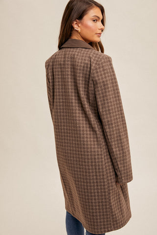 Checkered & Corduroy Contrast Collared Coat