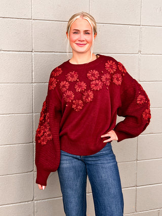 Hand Embroidered Flower Detail Knit Sweater