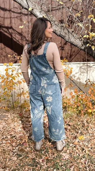 Floral Print Washed Demin Overalls