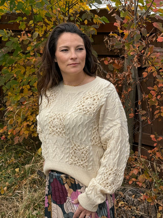 Floral Crochet Embroidered Checker Knit Sweater