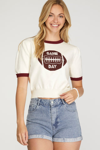 Game Day Contrast Hem Short Sleeve Sweater