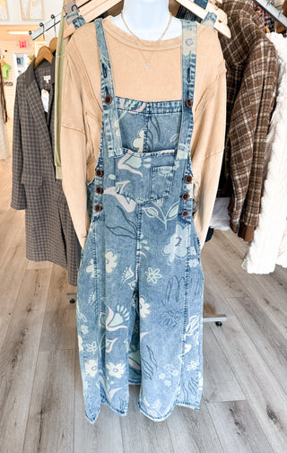 Floral Print Washed Demin Overalls