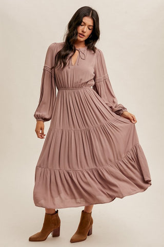 Pintuck Detailed Long Sleeve Midi Dress