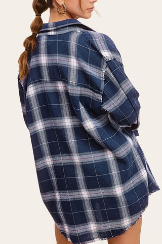 Raw Edge Button Down Plaid Top