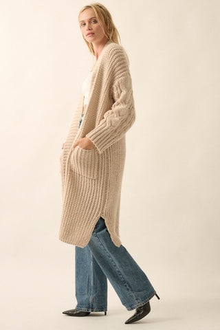 Solid Rib Knit Open Front Cable Knit Cardigan