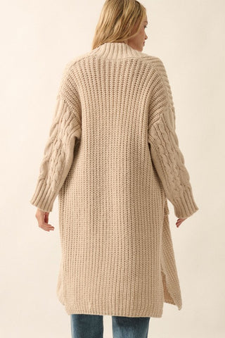 Solid Rib Knit Open Front Cable Knit Cardigan