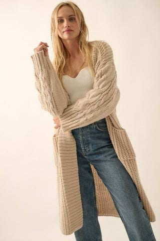 Solid Rib Knit Open Front Cable Knit Cardigan