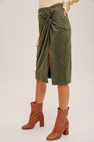 Twist Detailed Suede Midi Skirt