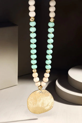 Wood & Colored Bead Necklace with Pendant